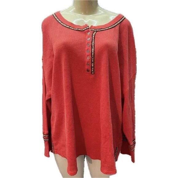 Woman Within +22/24 Autumn Blaze Button Neckline Waffle Knit Long Sleeve Top - Picture 2 of 5